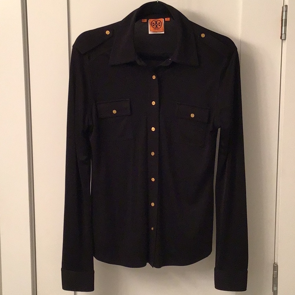 Tory Burch 100% silk button down gold button black
